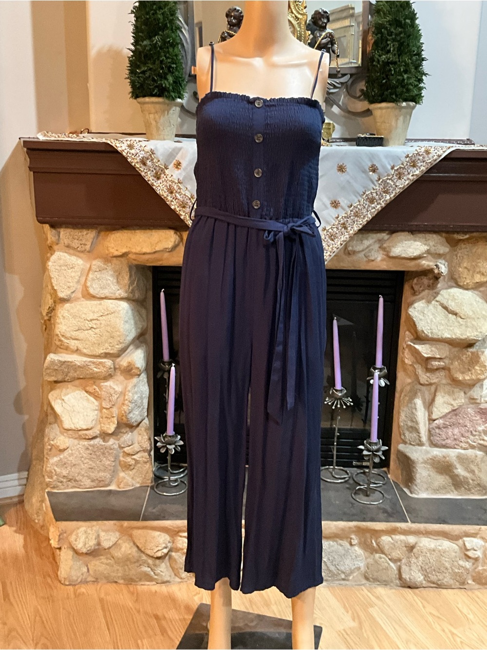 Love Tree Navy Smocked Midi Jumpsuit with Tie Waist